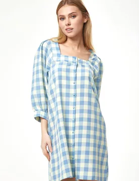 Women's Blue Gingham Puff Sleeve Dress Size: 12 - Blue - Size: 12 - Liquorish - FashionsVida