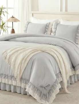 Juego de ropa de cama de 2 piezas/3 piezas con doble capa de volantes ondulados en blanco y gris con diseño de bloques de color (1 funda nórdica + 2 - Shein - FashionsVida