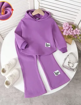 Set de 2 piezas: Sudadera con capucha morada con diseño de cola y pantalones acampanados, unicolor, decoración con parche, adecuado para reuniones f - Shein - FashionsVida