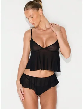 Conjunto de pijama con camiseta de malla y detalles de volantes para ropa de dormir y lencería - Shein - FashionsVida
