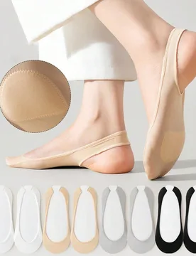 Pares de calcetines de barco con suela de esponja multicolor para mujer, calcetines de tacón alto sedosos, calcetines invisibles antideslizantes, cal - Shein - FashionsVida