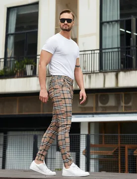 Pantalones de vestir a cuadros para hombre, ajuste slim, pantalones chinos elásticos a cuadros, otoño - Shein - FashionsVida