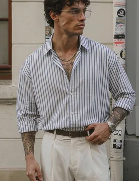 Camisa a rayas para hombre, casual y elegante para uso diario, otoño, parte superior de manga larga - Shein - FashionsVida