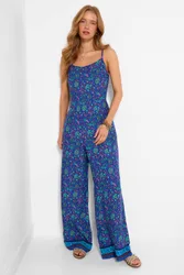Women's Petite Printed Wide Leg Jumpsuit with Adjustable Cami Straps in Blue Size: 8 - Blue - Size: 8