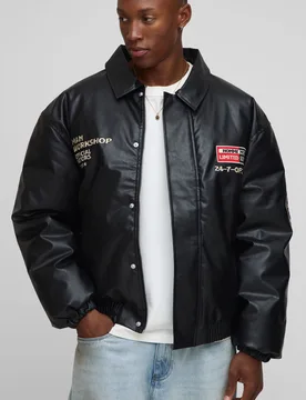 Mens Man Oversized Fit Badge Applique Collared Bomber Jacket - Black - Size Large - boohooMAN - FashionsVida