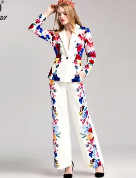 Women's Floral Print Blazer and Wide Leg Pants Suit - Elegant Office to Party Two Piece Set with Vibrant Colorful Flowers Design - Aliexpress - FashionsVida
