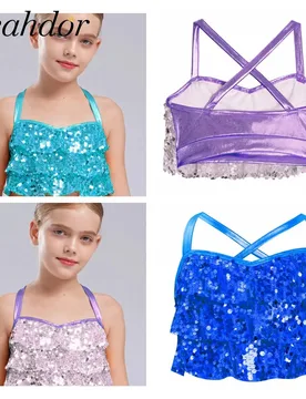 Fashion Children's Crop Top for Girls Cross Back Dance Tops Kids Girls Glittery Sequins Clothing Stage Performance Costume - Aliexpress - FashionsVida