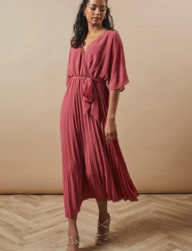 Women's Petite Occasion Kimono Sleeve Pleated Midi Dress in Rose Size: 8 - Rose - Size: 8 - OASIS - FashionsVida