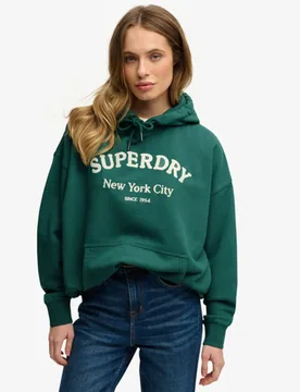 Superdry Damen Baumwolle Gesticktes Logo Luxe Casual Kapuzenpullover Mit Stickerei in Lockerer Passform, Grün & Creme, Größe: 40 - 79.99 - FashionsVida