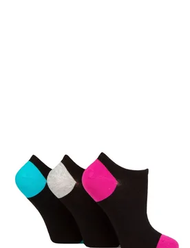 Women's 3 Pair Plain, Patterned and Contrast Heel Bamboo Trainer Socks Contrast Black Pink / Teal 4-8 - Black - Size: Small - Wildfeet - FashionsVida
