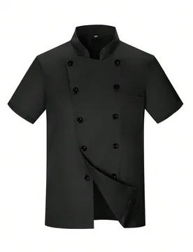 Nuevo uniforme de chef unisex de manga corta, de unicolor, con doble botonadura, cuello alto y diseño transpirable - Shein - FashionsVida