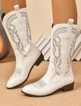 Botas occidentales elegantes y de moda para mujer, botas occidentales de tacón alto con bordado blanco, botas de vaquero con bordado elegante, botas - Shein - FashionsVida