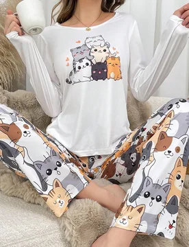 Conjunto de pijama de mujer con estampado de gato lindo, ropa de otoño e invierno cómoda y con detalles elegantes - Shein - FashionsVida