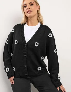 Women's Applique Flower Cardigan Sweater in Black Size: 26-28 - Black - Size: 26-28 - Yours - FashionsVida