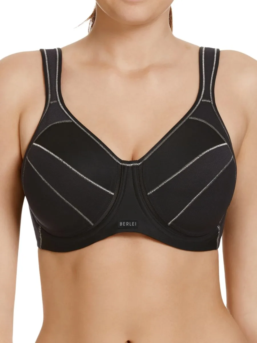 Womens Full Support Wired Sports Bra - Black Polyamide - Size 38d - Berlei - FashionsVida