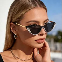 Par de gafas de moda con montura de metal con forma de ojo de gato y cristales de rhinestone, gafas decorativas de uso diario y para fiestas, gafas de