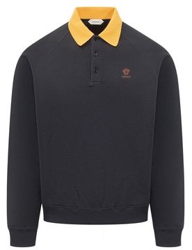 Polo Collar Cotton Sweatshirt with Front Buttons and Embroidered Logo
