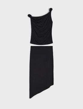 Completo in viscosa: top drappeggiato e gonna midi asimmetrica - nero