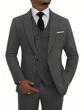 Conjunto de traje de 3 piezas de unicolor de moda para hombres, ajuste delgado y elástico, que incluye chaleco cruzado, pantalones y traje formal de - Shein - FashionsVida