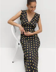V-Neck Frill Sleeve Midi Tea Dress Black Mix female