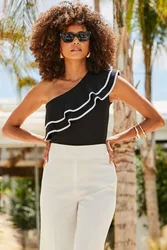 Womens Petite Black Contrast Trim Frill Detail One Shoulder Top Jersey - Size 18 Uk