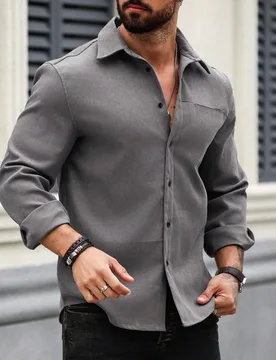 Camisa de manga larga de unicolor casual para hombre, primavera/otoño, invierno, formal - Shein - FashionsVida