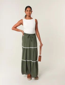 Tape Zig Zag Tiered Maxi Skirt - M/L / KHAKI - female - Blue Vanilla - FashionsVida