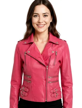 Women's Leather Teal Brando Biker Jacket-Constantia in Fuchsia Size: 14 - Fuchsia - Size: 14 - Infinity Leather - FashionsVida