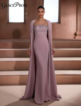 Elegant Dusty Pink Beaded Evening Gown 2026 Modest Strapless Crepe Party Dress with Cape Sleeves For Wedding Guests فساتين سهرة - Aliexpress - FashionsVida