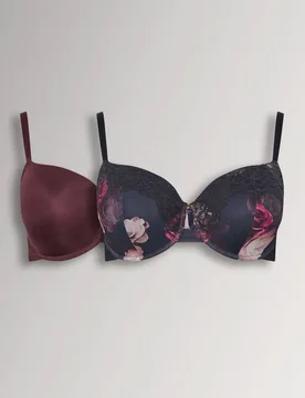 Women's 2 Pack Floral Print T-Shirt Bras in Dark Navy Size: 42F - Dark Navy - Size: 42F - Yours - FashionsVida