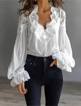Ropa De Mujer Moda 2026 V-neck Lace Stitching Puff Sleeve Pleated Shirt Women's Summer New Solid Color Long-sleeved Top T-shirt - Aliexpress - FashionsVida