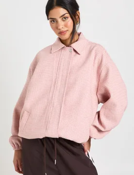 Womens Houndstooth Print Wool Look Bomber Jacket - Pink - Size 14 Uk - Boohoo - FashionsVida