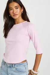 Womens Slub 3/4 Sleeve Curved Hem Top - Light Pink Cotton - Size 16 Uk