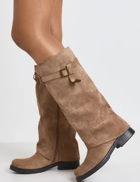Womens Buckle Detail Foldover Knee High Boots - Sand - Size Uk 3 - Boohoo - FashionsVida