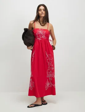 Pure Cotton Embroidered Midaxi Waisted Dress Pink Mix female - River Island - FashionsVida