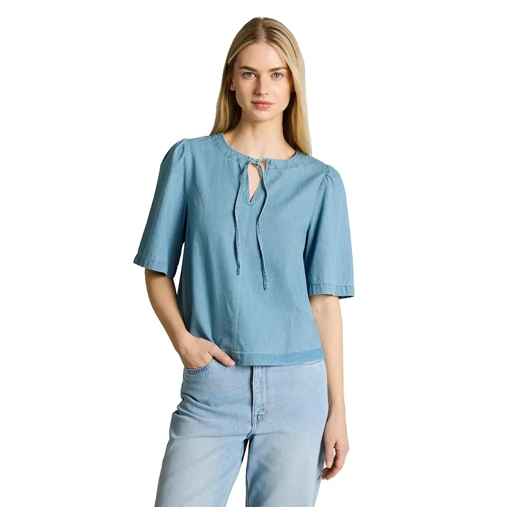 Blusa A Maniche Corte 109770 Clean Light Stone Blue Denim M - Tom tailor - FashionsVida
