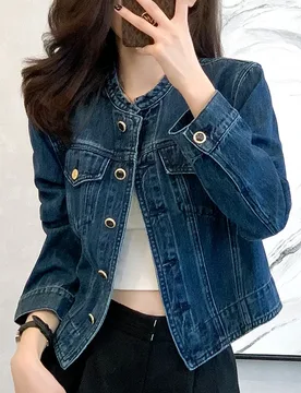 Vintage Women's O-Neck Denim Jacket Cropped Denim Jacket Long Sleeve Basic Single-Breasted Crop Jean Jacket Y2K Casual Coat Girl - Aliexpress - FashionsVida