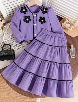 Conjunto elegante de top corto y falda de cintura alta para niña pequeña, diseño de mangas abullonadas para líneas de brazos lindas y favorecedora - Shein - FashionsVida