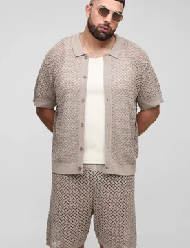 Men's Plus Oversized Boxy Open Crochet Shirt & Short Set Taupe Size 2X-Large Taupe 2XL - boohooMAN - FashionsVida