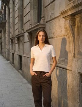 Blusa in maglia stile polo - panna