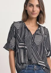 Kurzarm Bluse mit Split Neck und Print female Blau