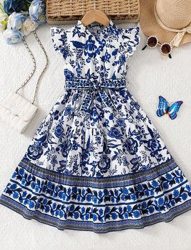 Vestido largo de manga corta con estampado floral azul y blanco de estilo informal y vacacional para niña