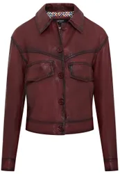 Womens Red Retro Biker Jacket - Kopervik Lamb Leather - Size Large
