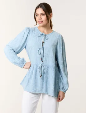 Washed Tie Front Top - M/L / DENIM BLUE - female - Blue Vanilla - FashionsVida