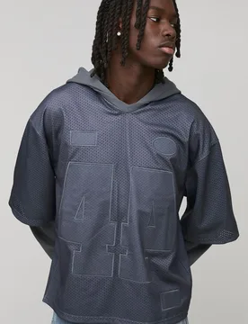 Mens Oversized Boxy Varsity Applique Faux Layer Mesh Sports Top Hoodie - Charcoal Cotton - Size X-Small - boohooMAN - FashionsVida