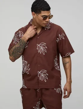 Mens Palm Embroidered Oversized Linen Shirt & Relaxed Short Set - Chocolate Cotton - Size X-Small - boohooMAN - FashionsVida