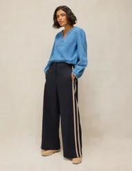 Lyocell Rich Side Stripe Wide Leg Trousers Navy female