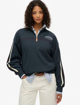 Superdry Damen Baumwolle Kontraststreifen Country Club Tape Henley Pullover, Marineblau - Größe: 36