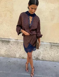 Leopard Print Lace Detail Mini A-Line Skirt Burgundy Mix female