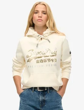 Superdry Damen Verziertes Hoodie mit Vintage-logo und Grafikprint Creme - Größe: 40 - 79.99 - FashionsVida